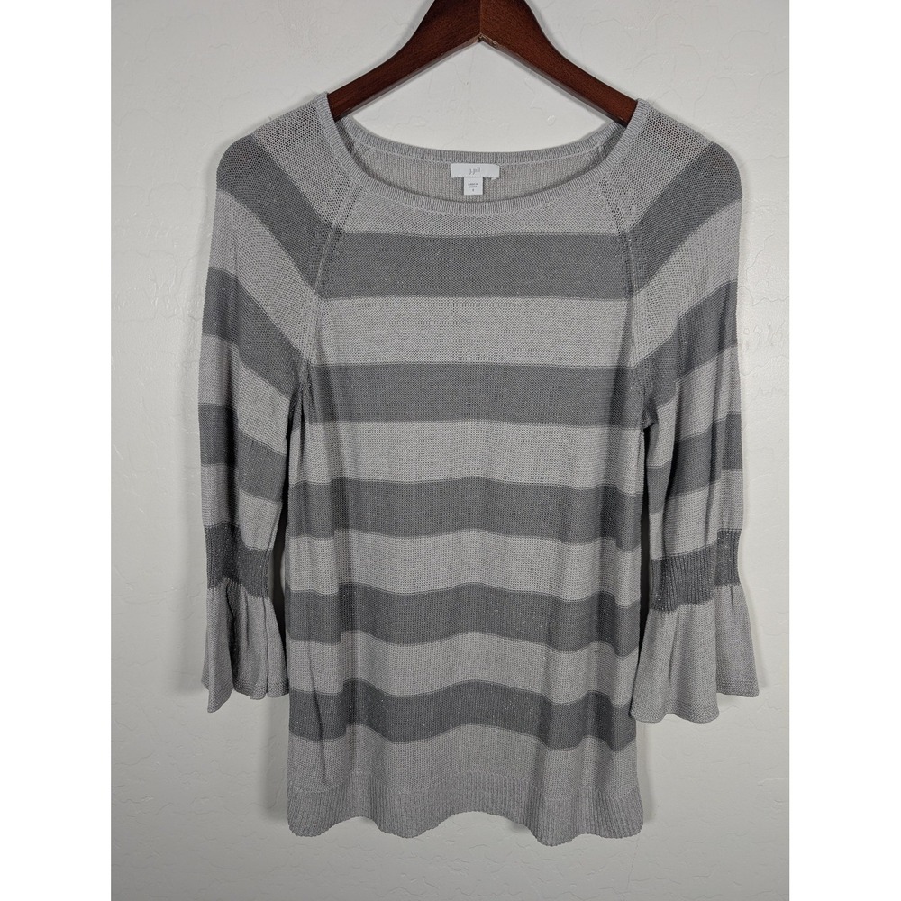 J Jill Sweater Womens Small Gray Silver Striped Bell Sleeve‎ Metallic Knit Top